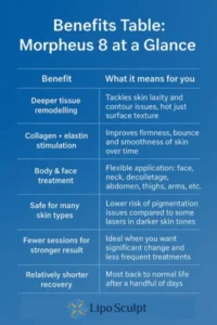 How Often Can I have Morpheus 8? 3 Table showing the benefits of Morpheus 8 treatment from Lipo Sculpt Telford
